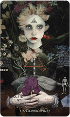 A dark, surreal art print featuring a pale-faced woman surrounded by flowers and foliage, with a red triangle symbol over her chest, holding a purple flower. The text 'Accountability' appears at the bottom, along with small illustrated elements including a skeleton and cherries.