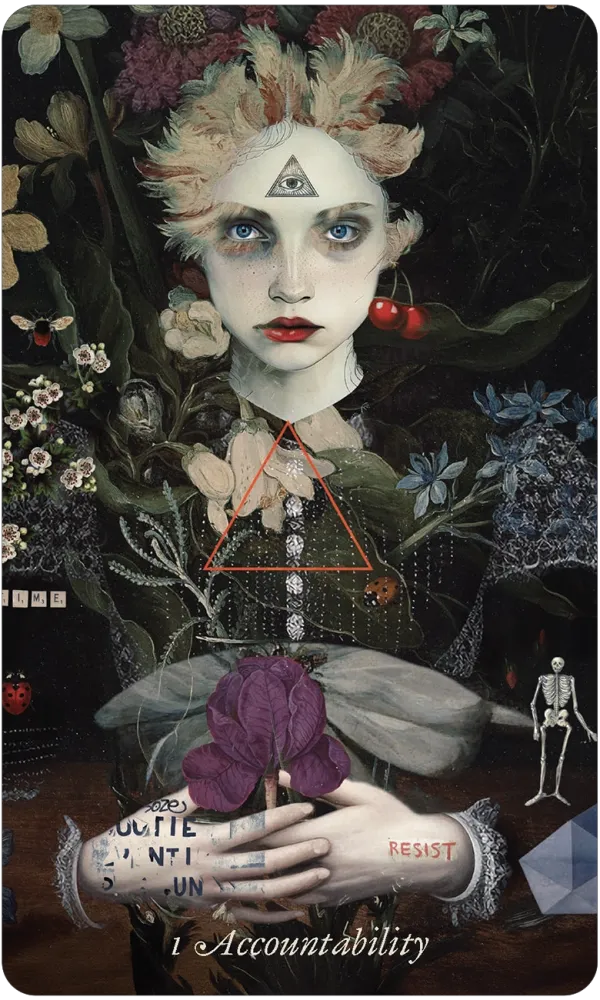 A dark, surreal art print featuring a pale-faced woman surrounded by flowers and foliage, with a red triangle symbol over her chest, holding a purple flower. The text 'Accountability' appears at the bottom, along with small illustrated elements including a skeleton and cherries.