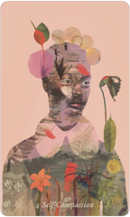 A square art print or card featuring a stylized portrait collage of a person with layered botanical and landscape textures, set against a soft pink background. The text '4 Self-Compassion' appears at the bottom.