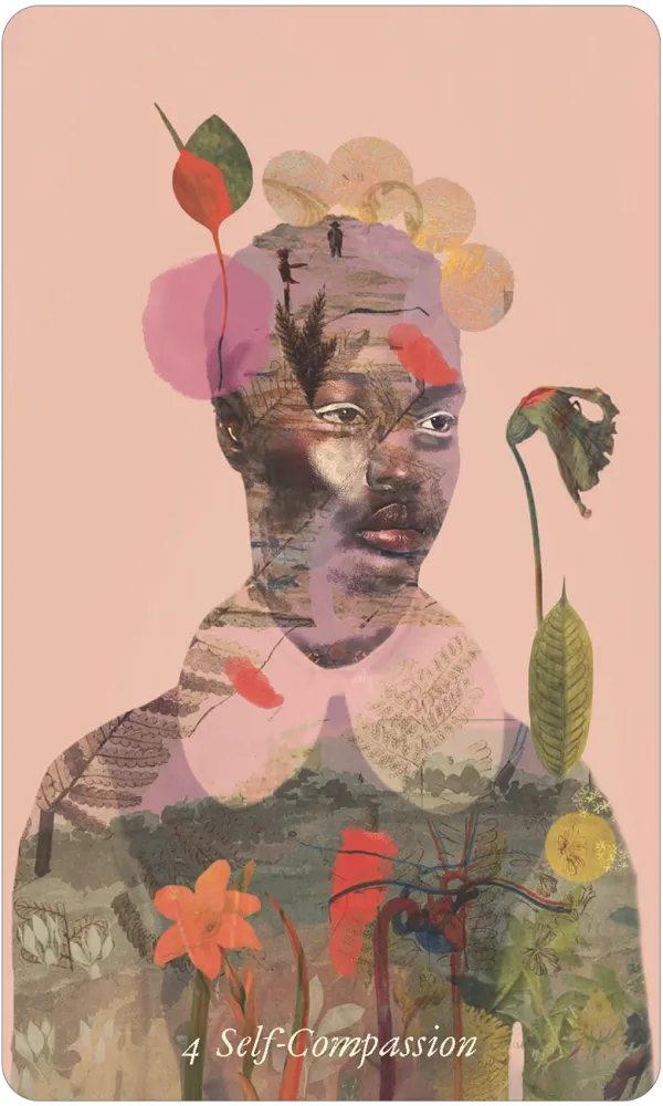 A square art print or card featuring a stylized portrait collage of a person with layered botanical and landscape textures, set against a soft pink background. The text '4 Self-Compassion' appears at the bottom.