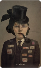 A surreal portrait-style artwork of a person in a black top hat with a large bow, wearing a dark suit jacket covered in small protest-style patches and labels, with a pipe in the mouth. The face area is obscured by a rectangular blur/block, and the text '10 Focus' appears at the bottom.