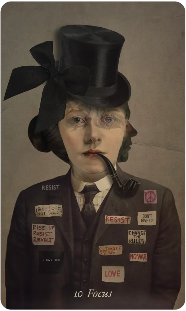 A surreal portrait-style artwork of a person in a black top hat with a large bow, wearing a dark suit jacket covered in small protest-style patches and labels, with a pipe in the mouth. The face area is obscured by a rectangular blur/block, and the text '10 Focus' appears at the bottom.