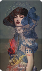 A surreal portrait artwork of a woman in a large ornate hat and blue bow, with layered fabric, floral patterns, a skull, red light streaks, and the text 'u Boundaries' and 'RESIST' visible.