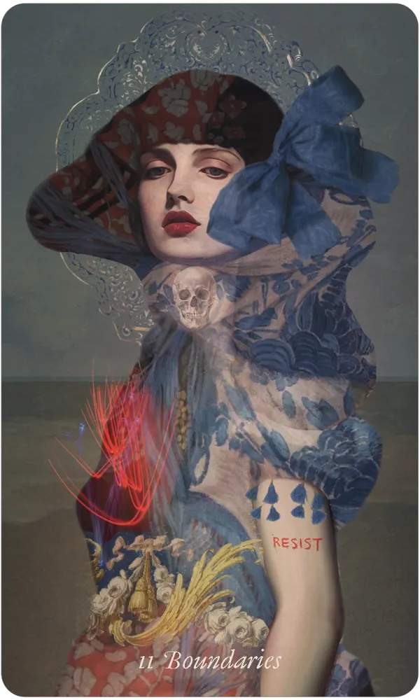 A surreal portrait artwork of a woman in a large ornate hat and blue bow, with layered fabric, floral patterns, a skull, red light streaks, and the text 'u Boundaries' and 'RESIST' visible.