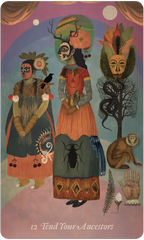 A stylized illustrated tarot card titled '12 Tend Your Ancestors' showing three ancestral figures in traditional garments with masks, surrounded by symbolic elements including a tree, monkey, flowers, and insects against a purple and blue background.