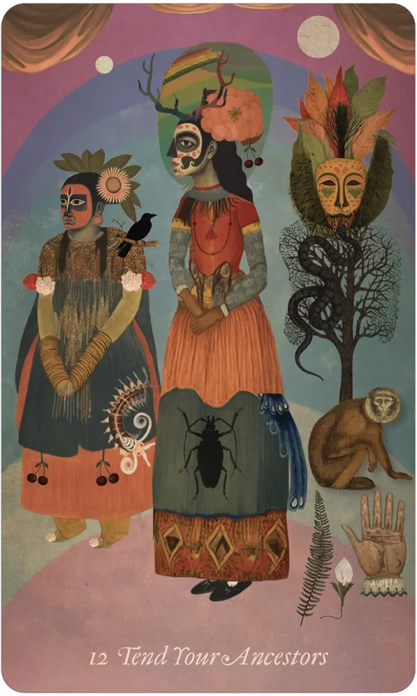 A stylized illustrated tarot card titled '12 Tend Your Ancestors' showing three ancestral figures in traditional garments with masks, surrounded by symbolic elements including a tree, monkey, flowers, and insects against a purple and blue background.