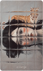 A square art print or card featuring a surreal tiled composition with a woman's face reflected in dark water, with a tiger crossing the top edge. The text '15 Let Go' appears at the bottom.