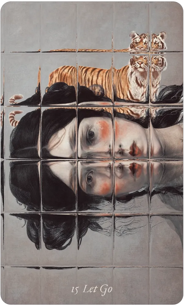 A square art print or card featuring a surreal tiled composition with a woman's face reflected in dark water, with a tiger crossing the top edge. The text '15 Let Go' appears at the bottom.
