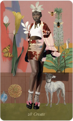 A stylized illustrated figure stands in a surreal garden-like scene wearing a white crop top, patterned skirt, and pink outer layer, with a white flower headpiece. A white dog is at the figure's right, and flowers, insects, and abstract background elements fill the scene.