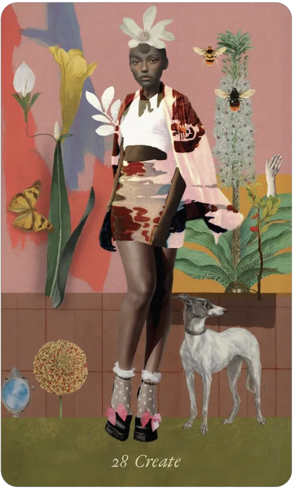 A stylized illustrated figure stands in a surreal garden-like scene wearing a white crop top, patterned skirt, and pink outer layer, with a white flower headpiece. A white dog is at the figure's right, and flowers, insects, and abstract background elements fill the scene.