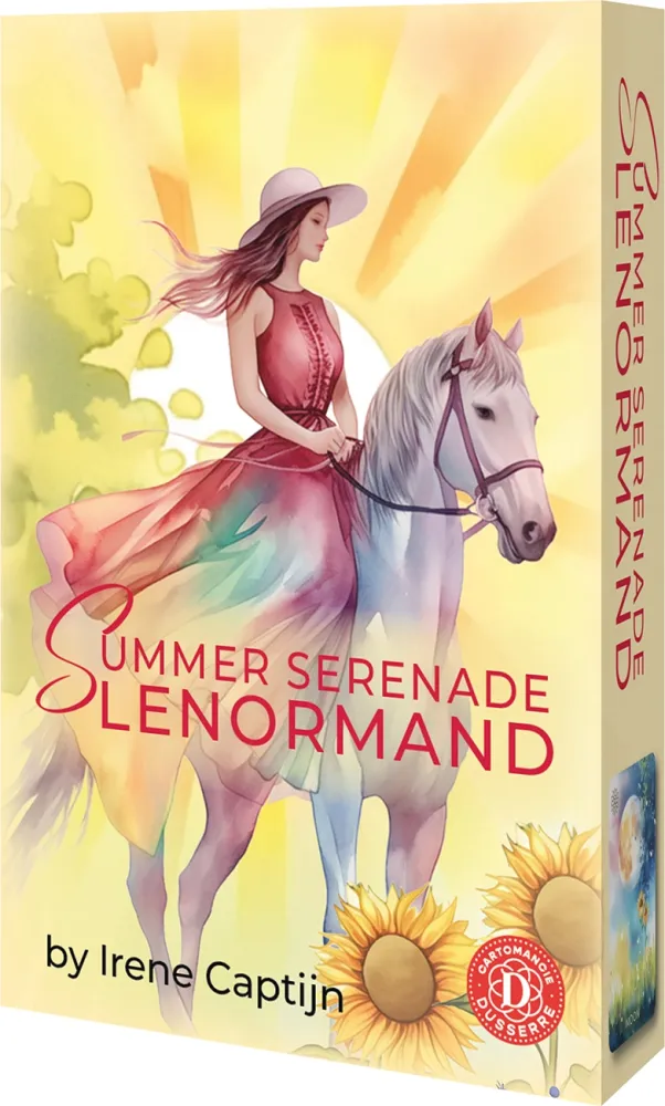 Book cover of 'Summer Serenade Lenormand' by Irene Captijn featuring a woman on a horse with a colorful background.