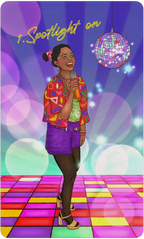 Illustration of a woman singing into a microphone with a disco ball and colorful floor in the background.