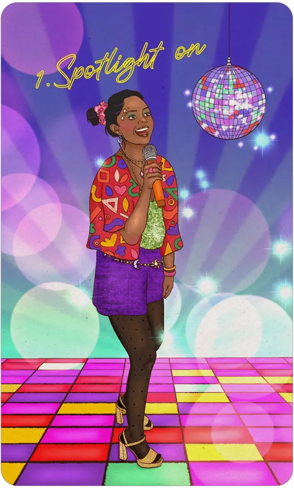 Illustration of a woman singing into a microphone with a disco ball and colorful floor in the background.