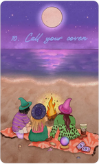 Three people in colorful hats sitting around a campfire on a beach with a purple sky and moon.