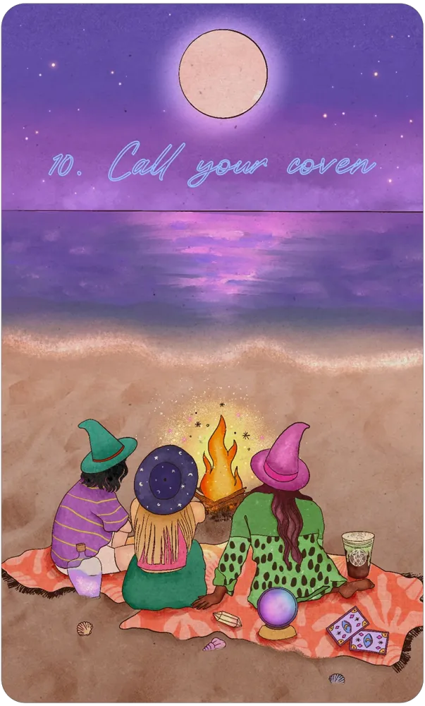 Three people in colorful hats sitting around a campfire on a beach with a purple sky and moon.
