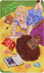 Illustration of a woman and a monkey with a book and snacks on a colorful background
