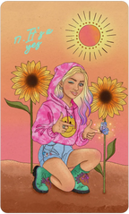Illustration of a person in a pink hoodie with sunflowers and a butterfly on a warm-toned background.
