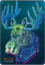 Colorful moose illustration with intricate patterns on a dark background, featuring the brand 'Moose Protection'.