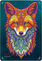 Colorful geometric design of a fox head on a blue background