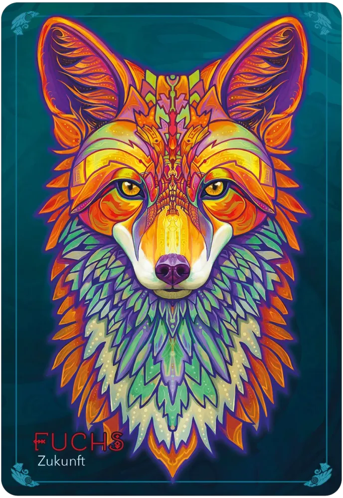 Colorful geometric design of a fox head on a blue background
