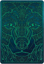 Decorative mat with a stylized wolf design in teal and blue on a dark background