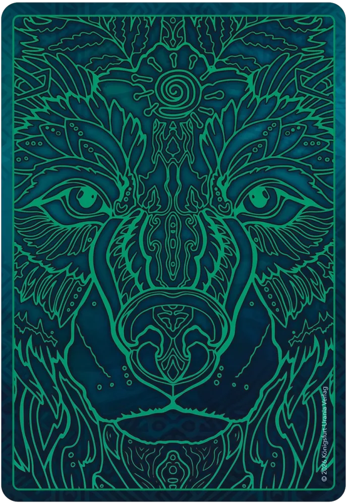 Decorative mat with a stylized wolf design in teal and blue on a dark background