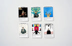 Set of six tarot cards with colorful designs and text on a white background