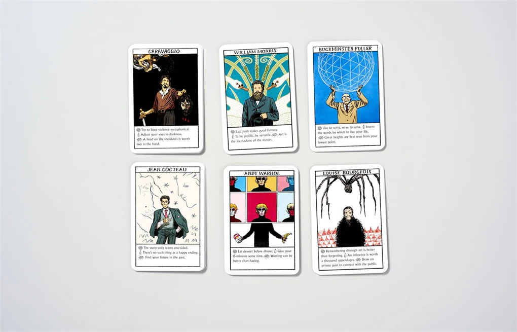 Set of six tarot cards with colorful designs and text on a white background