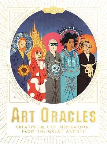 Card deck cover titled 'Art Oracles' with illustrations of four people and text about creative and life inspiration.