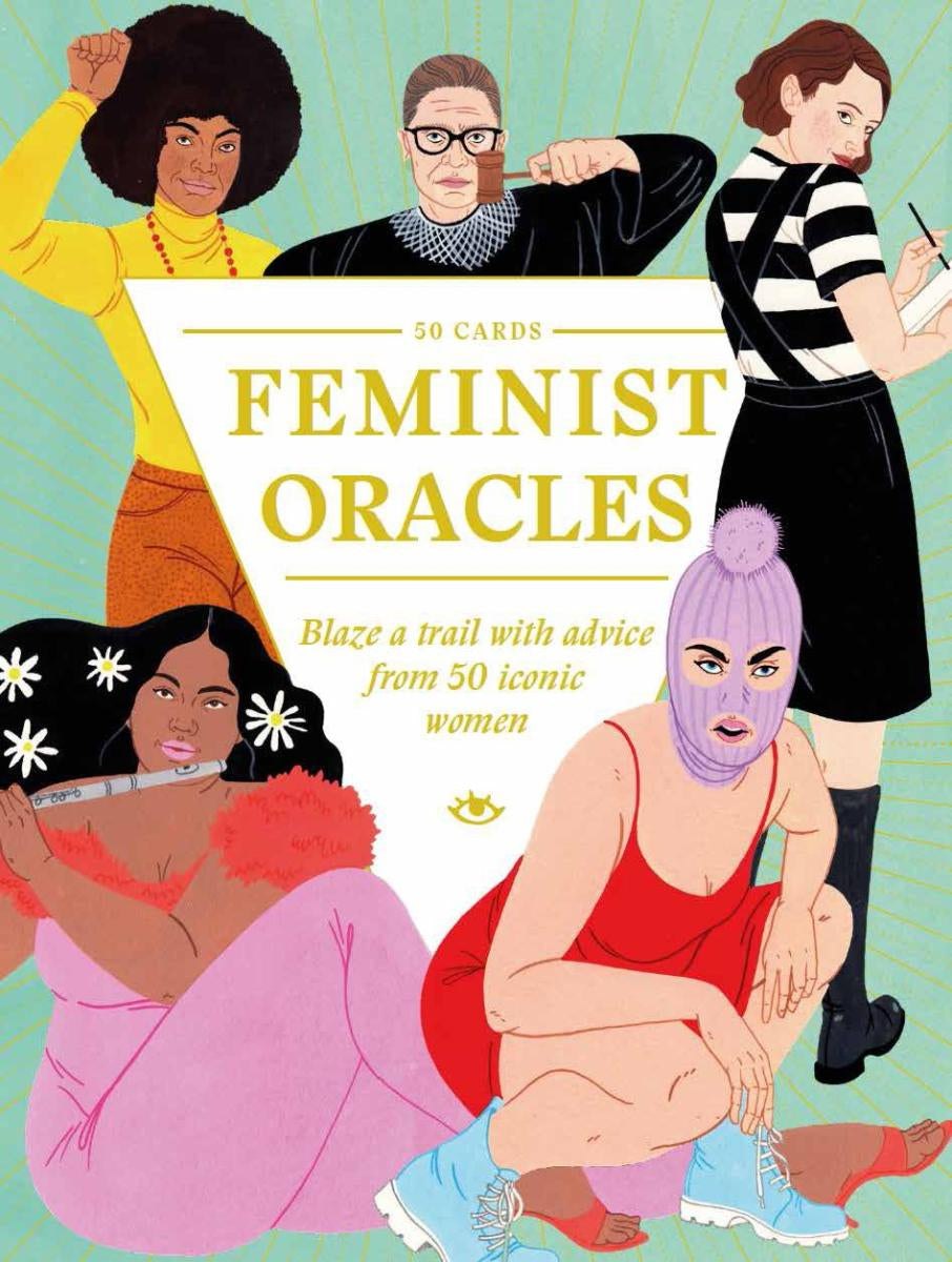 Cover of 'Feminist Oracles' card set with illustrations of women and text on a light green background.