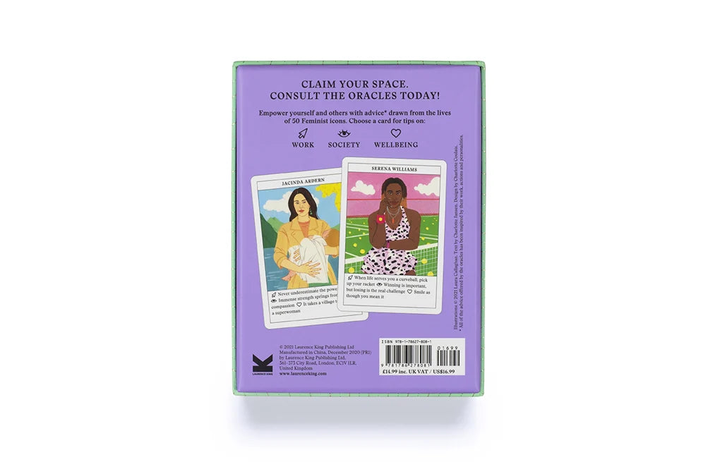 Back cover of a book with two oracle cards displayed on a white background