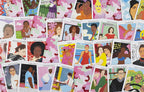 Collection of illustrated cards featuring diverse portraits on a colorful background