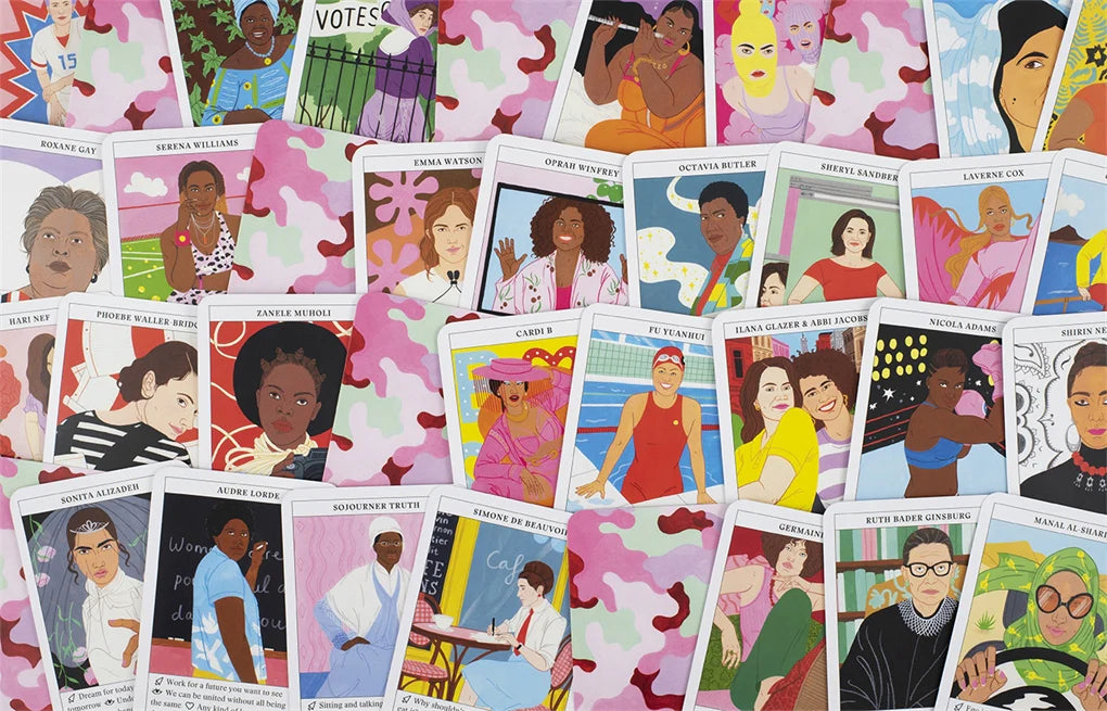 Collection of illustrated cards featuring diverse portraits on a colorful background