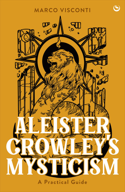 Book cover of 'Aleister Crowley's Mysticism' with a lion illustration on a yellow background