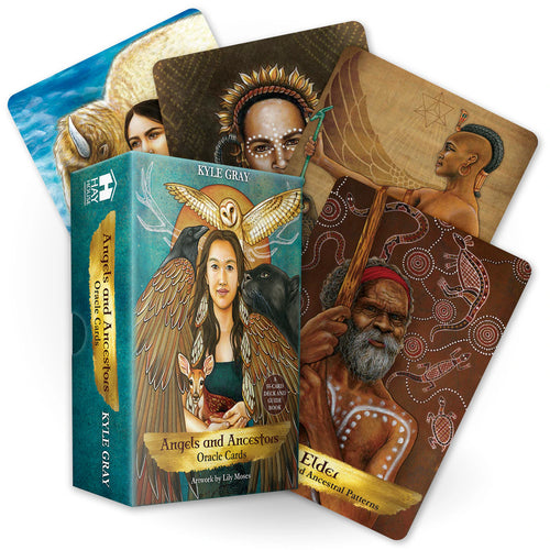 Oracle cards with artistic illustrations and a box labeled 'Angels and Ancestors Oracle Cards' by Kyle Gray.