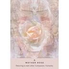 Decorative book cover with a pink rose and angelic figures, featuring the text 'Mother Rose' and 'Returning to each other. Compassion.
