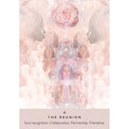 Artistic depiction of a central figure surrounded by angelic figures and pink roses with text 'The Reunion' at the bottom.