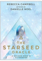Book cover of 'The Starseed Oracle' with a pyramid and person design, featuring Rebecca Campbell and Danielle Noel.