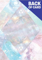 Iridescent card with geometric design and 'Back of Card' text on a blue background