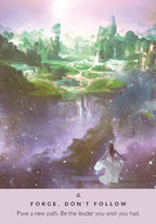 Woman in a white dress standing on a bridge between a natural landscape and a cosmic scene with text 'Forge, don't follow. Pave a new path.
