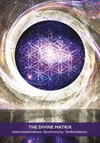 Circular design with a central flower-like pattern and text about interconnectedness and synchronicity.