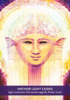 Artistic depiction of a face with ethereal light effects and text about Hathor Light Codes.