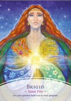 Illustration of a woman with a radiant cross, representing Brigid, on a starry night sky background.
