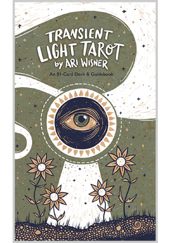 Book cover of 'Transient Light Tarot' by Ari Wisner with eye design and flowers on a green background.