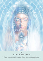 Person underwater with light blue tones and text 'Clear Waters' at the bottom.