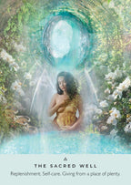 Woman in a mystical garden with a pool labeled 'The Sacred Well'.