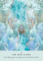 Artistic depiction of a woman surrounded by flowing water with the text 'She Who Flows' at the bottom.