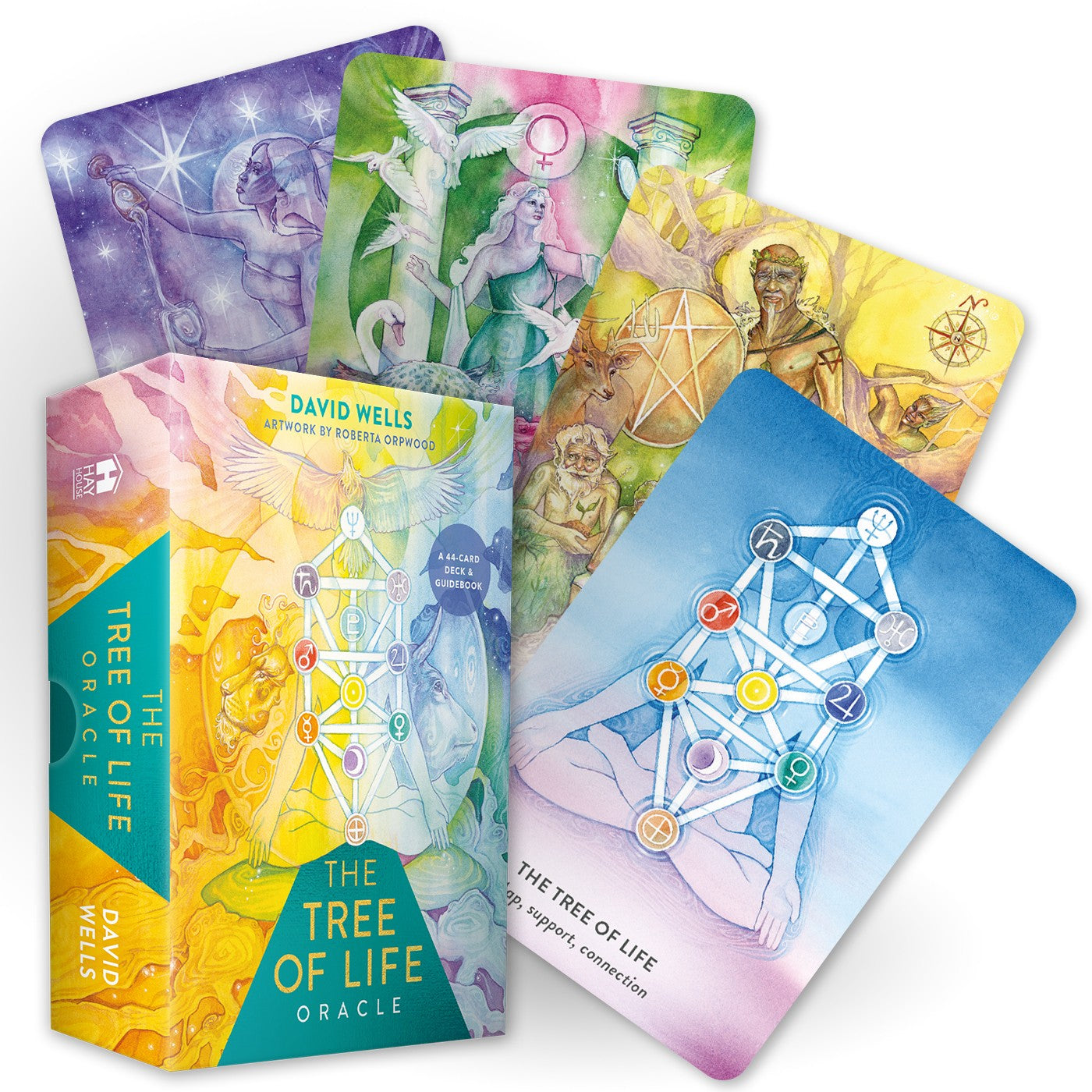 Tree of Life Oracle cards with colorful designs and a book titled 'The Tree of Life Oracle' by David Wells.