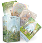 Set of Oracle cards with a box titled 'The Ancient Stones Oracle' by Rebecca Campbell on a white background.