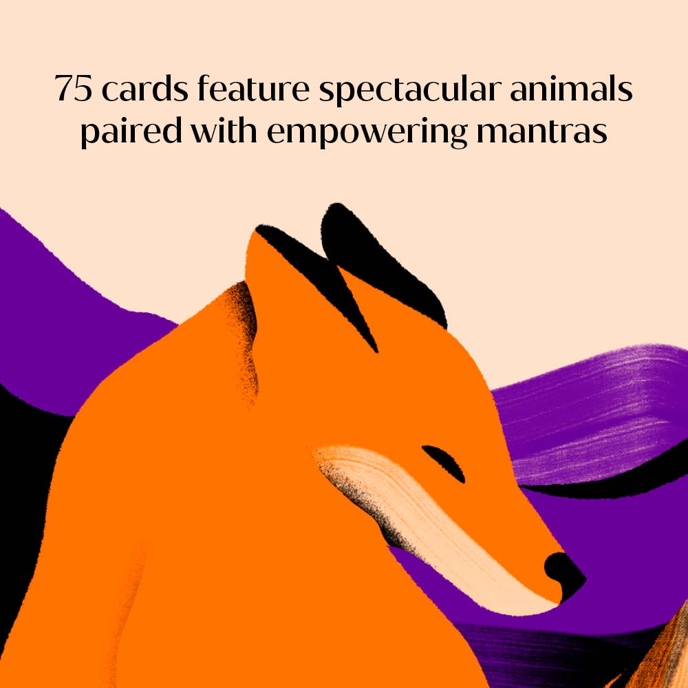 Illustration of a fox with text about cards featuring animals and mantras on a beige and purple background